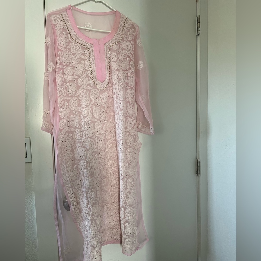 Baby pink georgette chickenkari kurta.